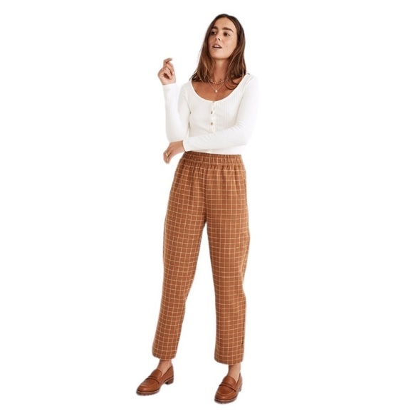 Madewell Waffleback Pull-On High-Rise Pants in Windowpane. Brown Size S #824 - Picture 2 of 8